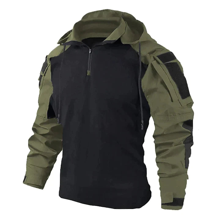 Taktisches Langarmshirt in Olivgrün und Schwarz, ideal für Outdoor-Aktivitäten. Robustes Design, atmungsaktiv, mit Reißverschluss und Taschen.
