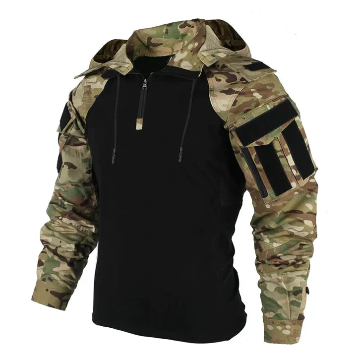 Taktisches Langarmshirt mit Tarnmuster, ideal für Outdoor-Aktivitäten. Robustes Design, atmungsaktiv, mit Kapuze und Reißverschluss.