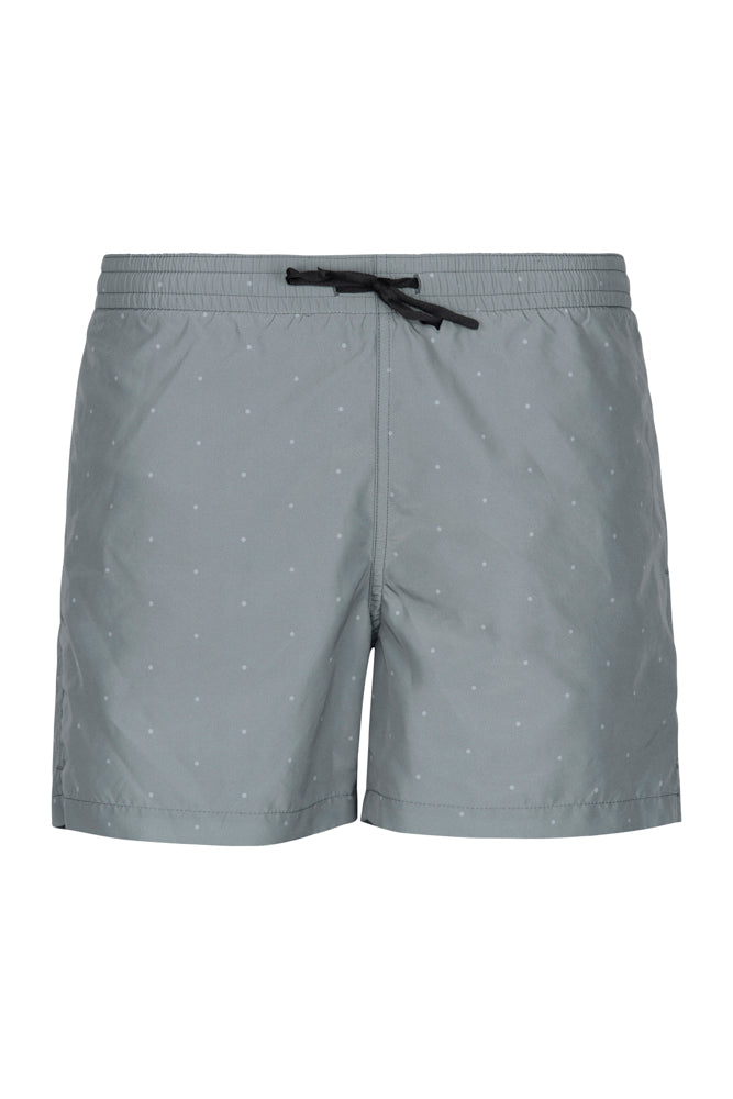 Graue Badeshorts mit dezentem Punktmuster, elastischem Bund und Kordelzug. Perfekt für Strandmode und Sommerbekleidung.