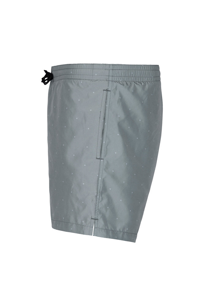Graue Badeshorts mit dezentem Punktmuster, elastischem Bund und Kordelzug. Ideal für Strand und Pool. Hochwertige Herrenmode.