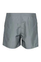 Graue Herren-Badeshorts mit dezentem Punktmuster, elastischem Bund und schnelltrocknendem Material. Ideal für Strand und Pool.