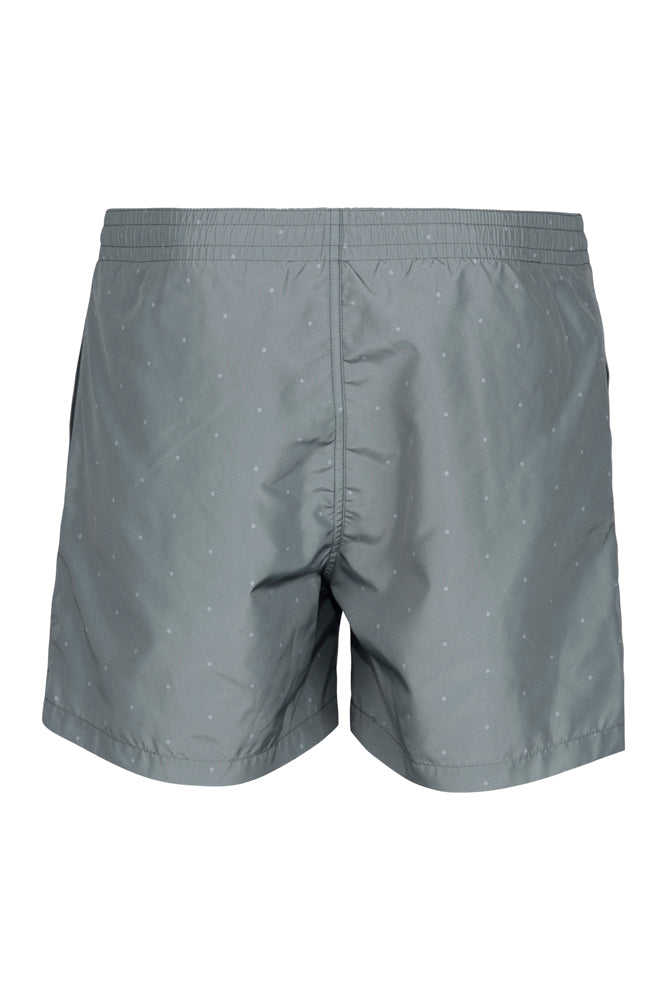 Graue Herren-Badeshorts mit dezentem Punktmuster, elastischem Bund und schnelltrocknendem Material. Ideal für Strand und Pool.
