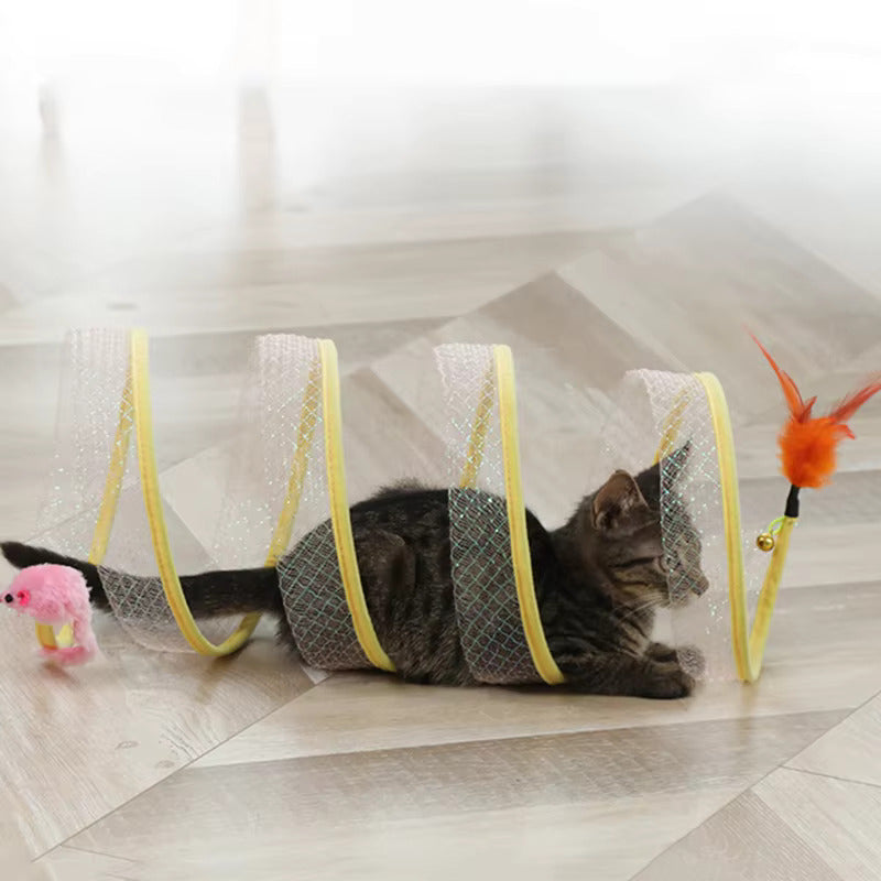 Katzenspielzeug PurrCoil, gelb, Zahnpflege, Unterhaltung, Katze, Netzmaterial, Boden, Spielzeug.