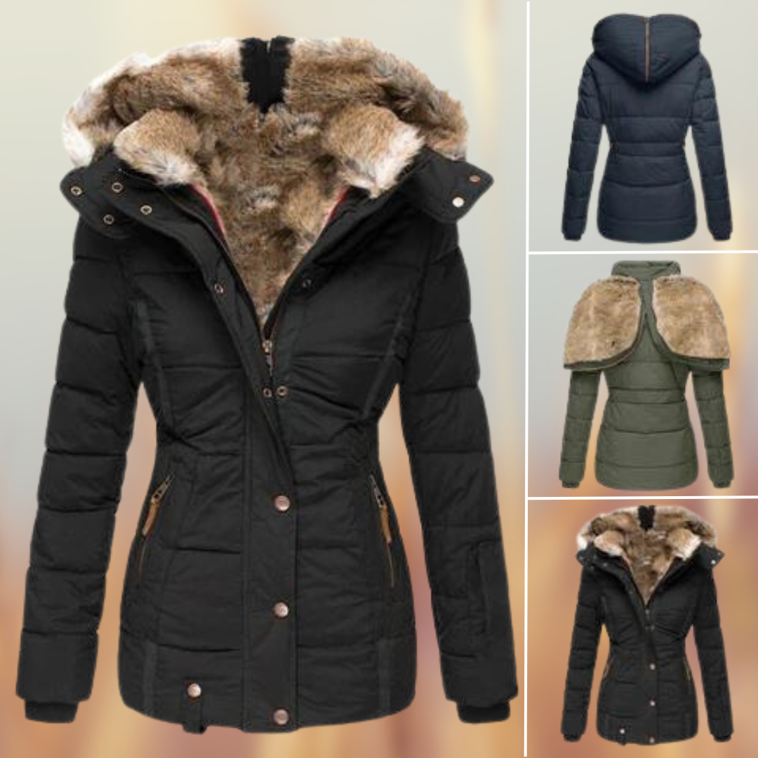Damen Winterjacke mit Kunstfellkapuze, warm gefüttert, in Schwarz und Grün. Modisch, funktional, ideal für kalte Tage. Hochwertige Outdoor-Bekleidung.
