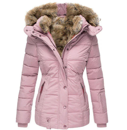 Damen Winterjacke rosa mit Kunstfellkapuze, warm gefüttert, modisch und funktional. Perfekt für kalte Tage. Jetzt kaufen und stilvoll bleiben!