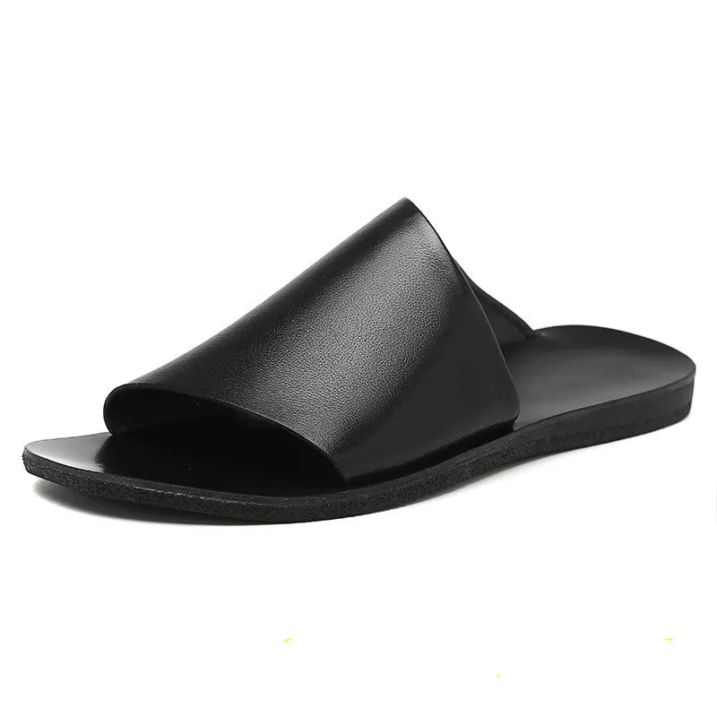 Schwarze Ledersandale für Herren, minimalistisches Design, rutschfeste Sohle, Sommerschuh.
