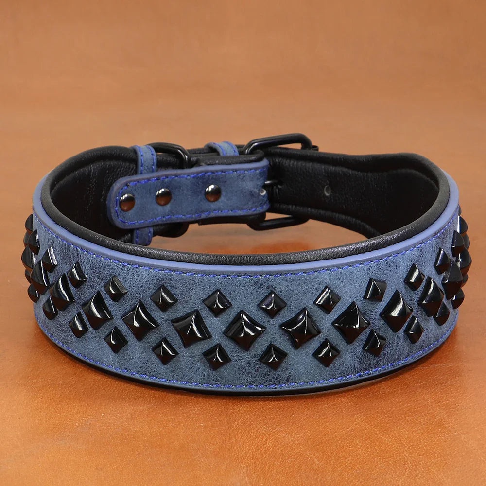 Blaues Lederhalsband mit schwarzen Nieten, verstellbar, für Hunde, robustes Design.