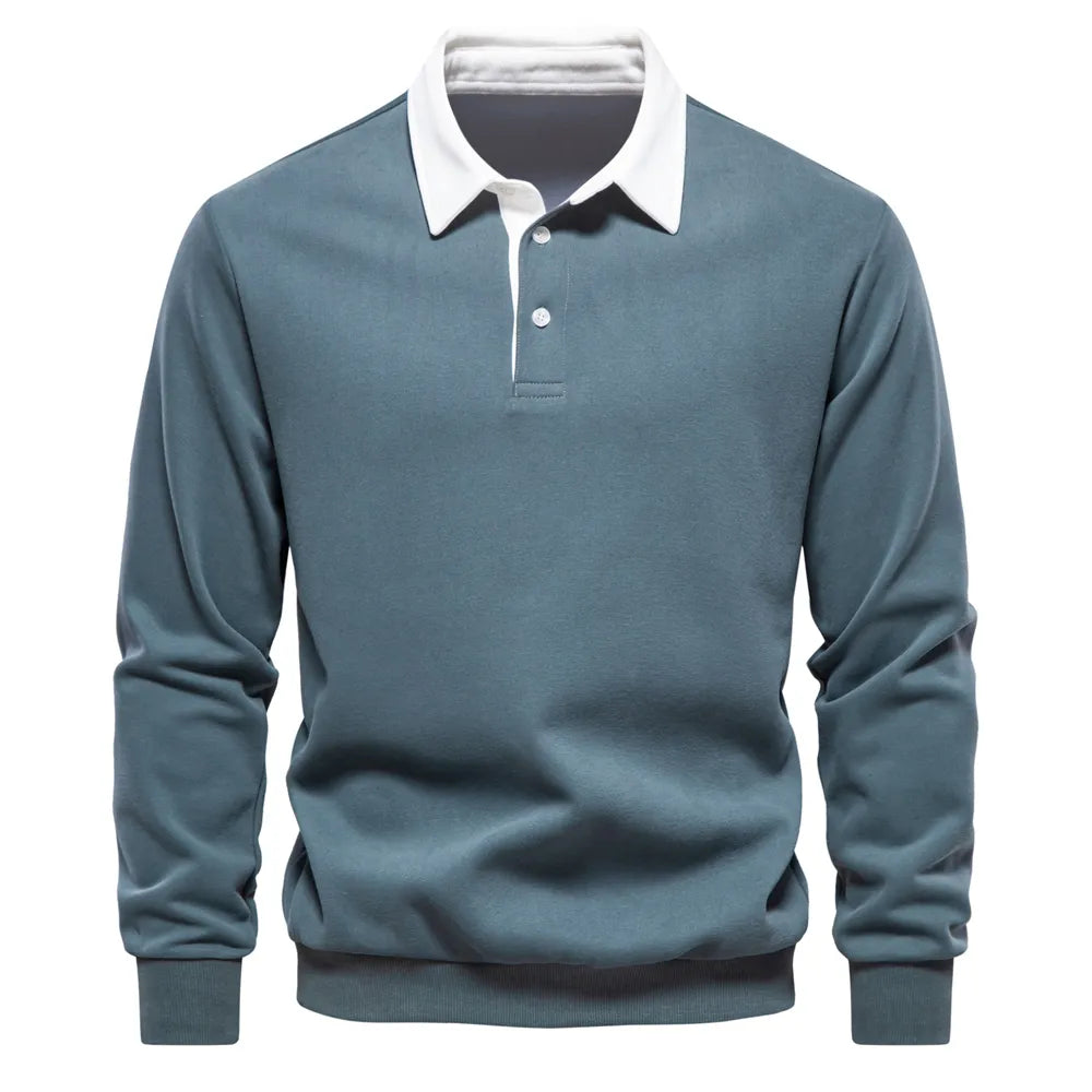 Herren-Pullover mit Polokragen in Blau, langärmelig, aus Baumwolle. Stilvoll und bequem, ideal für Freizeit und Büro. Hochwertige Herrenmode.