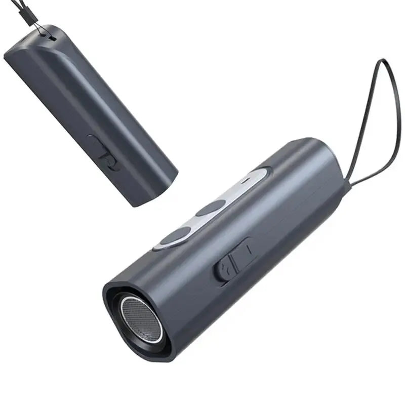 Tragbarer grauer Bluetooth-Lautsprecher, kabellos, kompakt, mit Trageschlaufe.