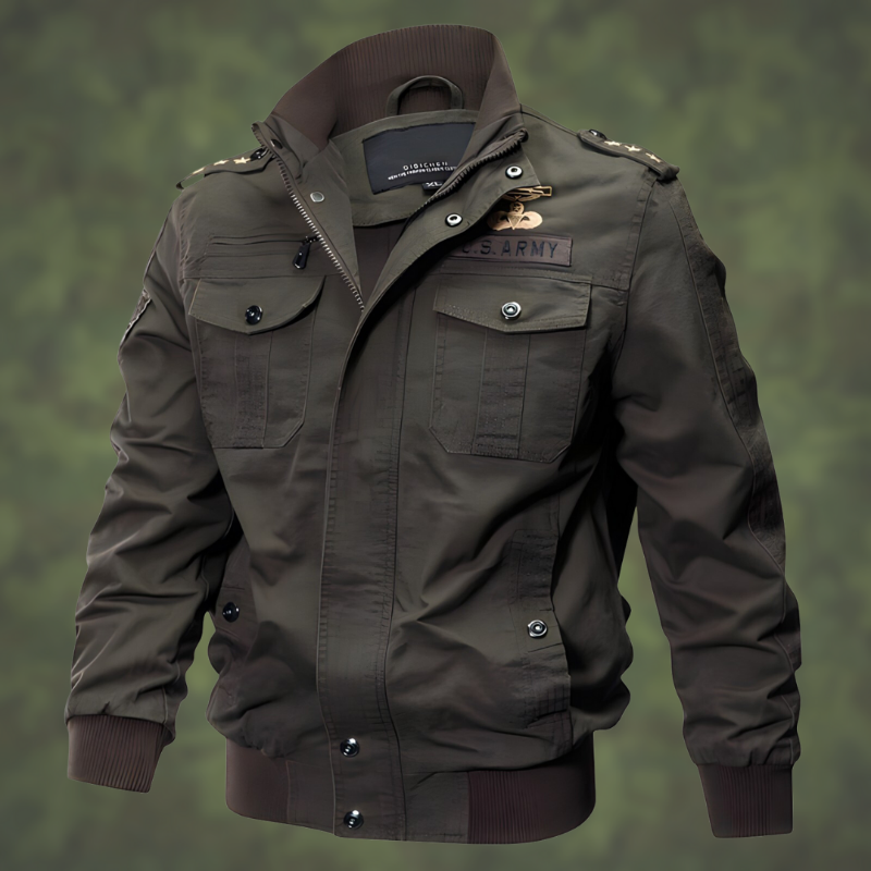 Herren-Armee-Jacke in Olivgrün mit Reißverschluss, Knöpfen und Schulterklappen. Perfekt für Outdoor-Aktivitäten und modische Freizeitkleidung.