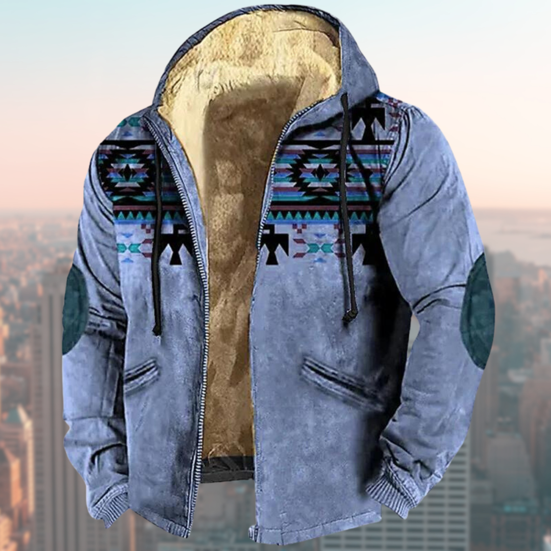 Herren Winterjacke mit Kapuze, warm gefüttert, Aztekenmuster, blau, modisch, bequem, ideal für kalte Tage, trendige Herrenmode.