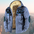 Herren Winterjacke mit Kapuze, warm gefüttert, Aztekenmuster, blau, modisch, bequem, ideal für kalte Tage, trendige Herrenmode.