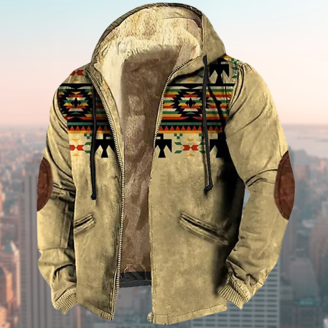 Herrenjacke mit Kapuze, Ethno-Muster, beige, warm gefüttert, Reißverschluss, modisch, urbaner Stil, ideal für Herbst und Winter.