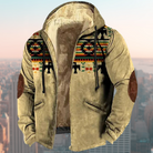 Herrenjacke mit Kapuze, Ethno-Muster, beige, warm gefüttert, Reißverschluss, modisch, urbaner Stil, ideal für Herbst und Winter.