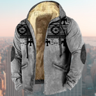 Graue Herrenjacke mit Kapuze, warmem Futter und ethnischem Muster. Perfekt für Wintermode, stilvoll und funktional. Ideal für kalte Tage.