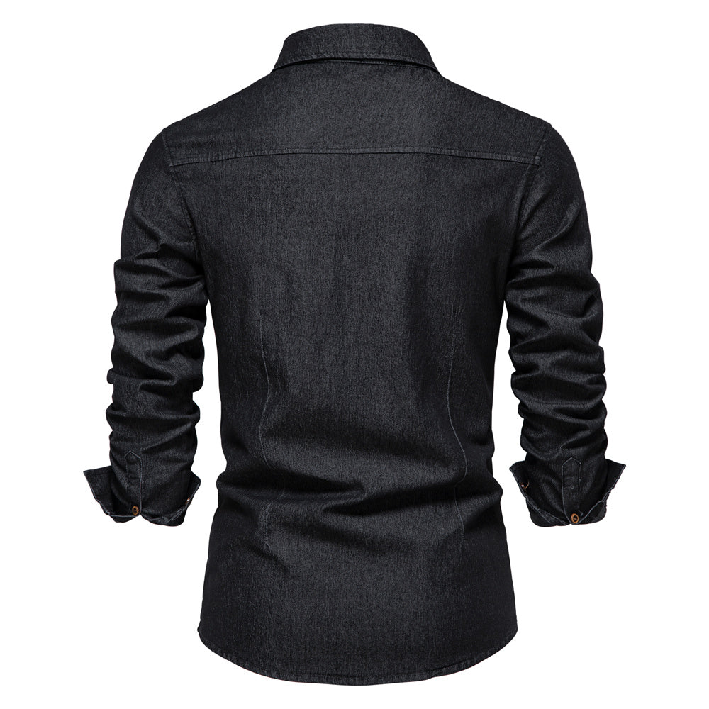 Schwarzes Herrenhemd aus Denim, langärmlig, modisch und vielseitig. Perfekt für Freizeit- und Business-Looks. Hochwertige Verarbeitung.
