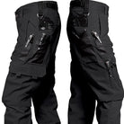 Schwarze taktische Hose mit mehreren Taschen und Reißverschlüssen, Outdoor-Bekleidung.