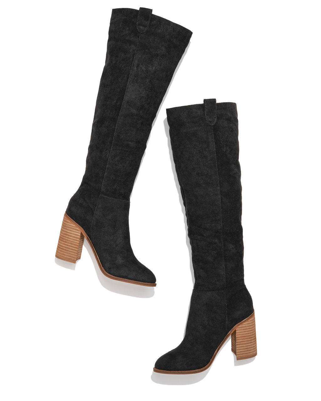Schwarze Stiefel mit hohem Absatz, Wildlederoptik, kniehoch, modisch, Damenstiefel, Herbstmode, elegantes Design, bequeme Passform.