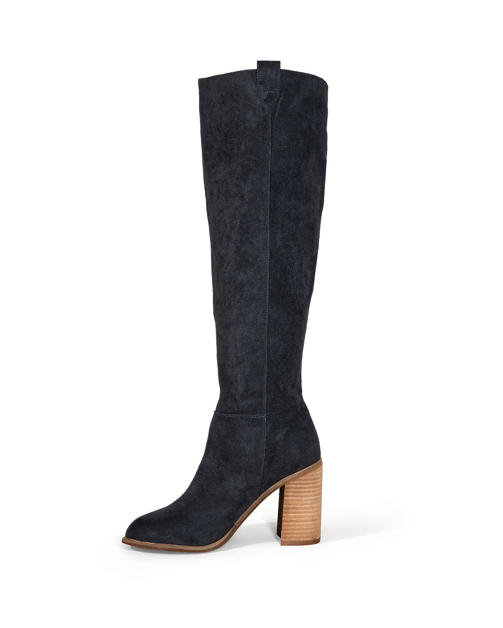 Schwarzer Damen-Stiefel aus Wildleder mit hohem Blockabsatz, kniehoch, modisch und elegant. Perfekt für Herbst- und Winteroutfits.