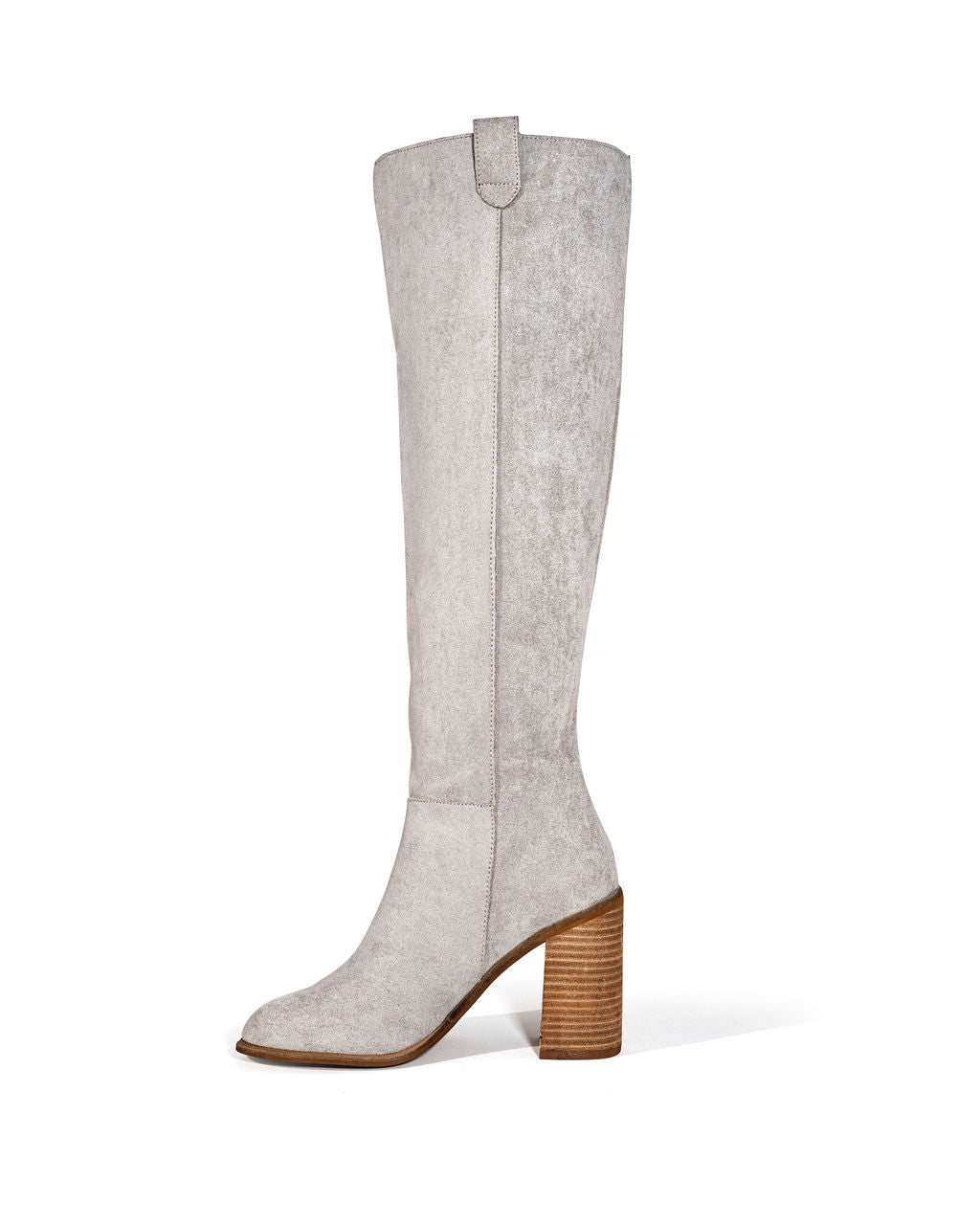 Damen Stiefel in Hellgrau, kniehoch, mit Blockabsatz. Elegantes Design, ideal für Herbstmode. Hochwertiges Leder, zeitloser Stil.