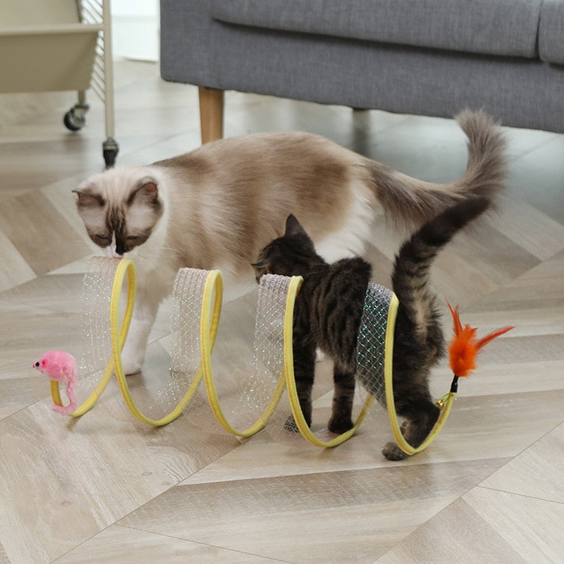 Zwei Katzen spielen mit gelbem Katzenspielzeug Spirale und Federn auf Holzboden.