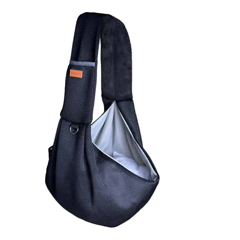 Schwarze Hundetragetasche aus Mesh, ergonomisch, mit verstellbarem Gurt und Innenfutter.