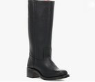Schwarzer Lederstiefel für Damen, kniehoch, mit Blockabsatz. Ideal für Herbstmode, stilvoll und vielseitig kombinierbar. Perfekt für jeden Anlass.