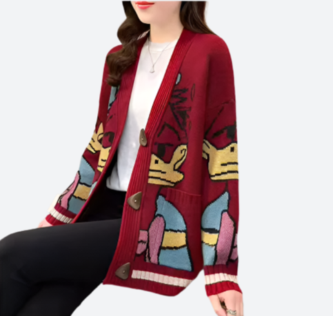 Damen-Strickjacke mit buntem Cartoon-Muster, rot, lässig, langärmelig, ideal für Herbstmode, stilvoll und bequem, trendige Oberbekleidung.