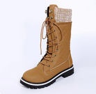 Damen-Winterstiefel in Braun mit Schnürung, rutschfester Sohle und gestricktem Schaft. Ideal für kalte Tage. Modisch, robust, bequem.