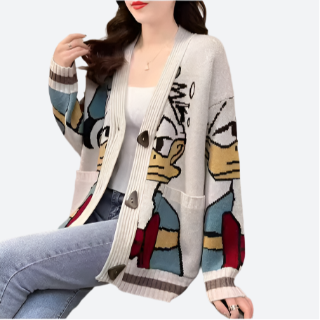 Damen-Cardigan mit Comic-Print, lässig und modisch, ideal für Herbst und Winter. Perfekt kombinierbar mit Jeans für einen trendigen Look.