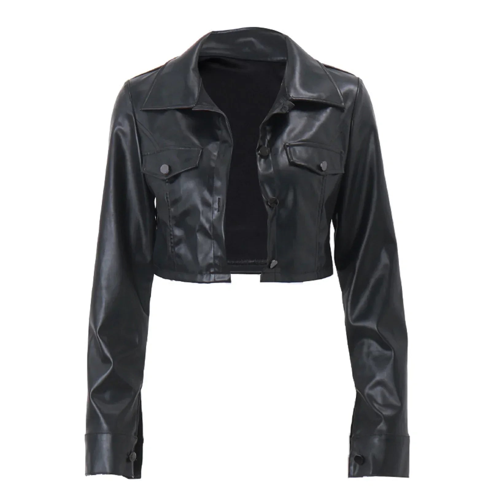 Schwarze Kunstlederjacke für Damen, kurz geschnitten, mit Knopfleiste und Brusttaschen. Modische Jacke, ideal für trendige Outfits.