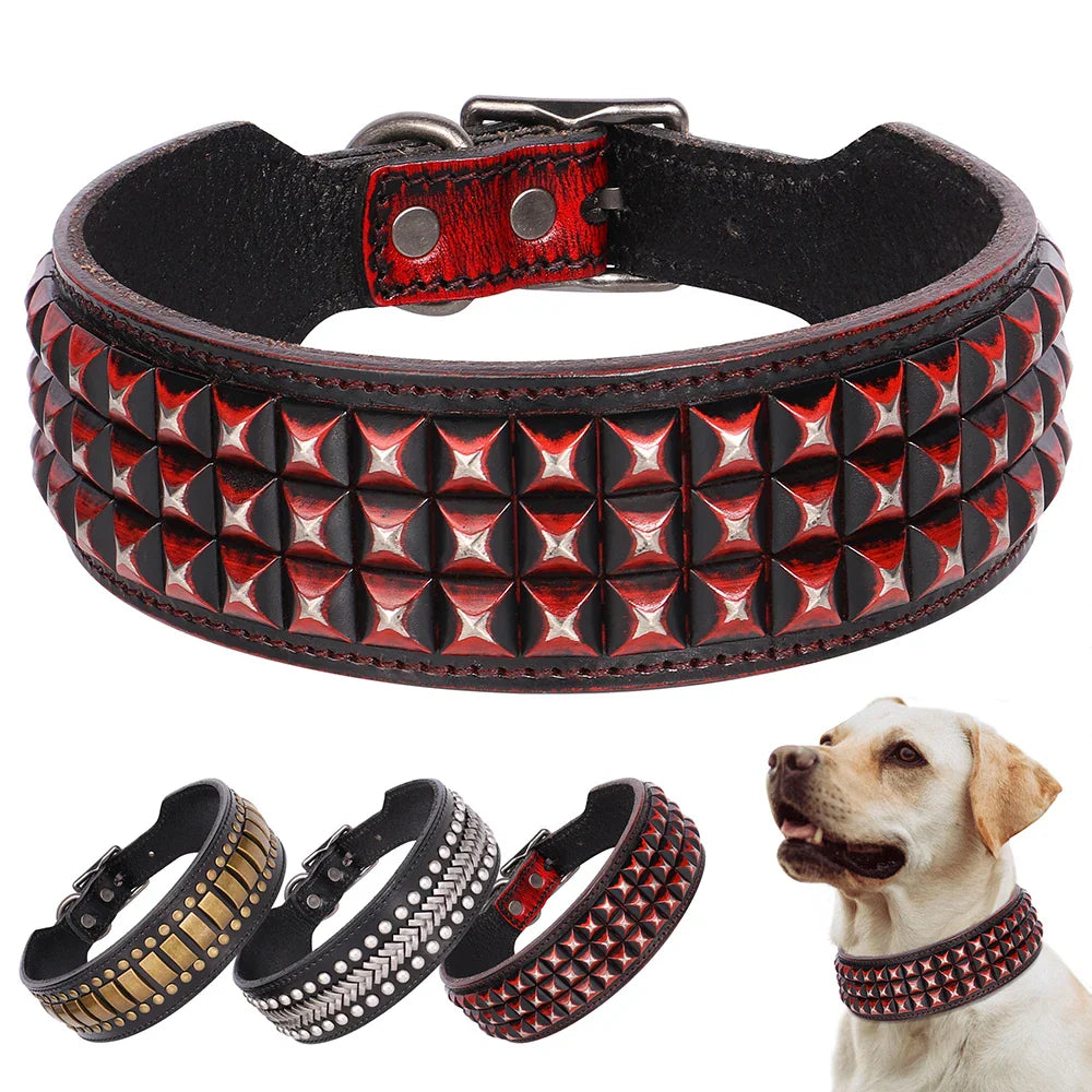 Rotes Nieten-Hundehalsband aus Leder, verstellbar, robust, für große Hunde.