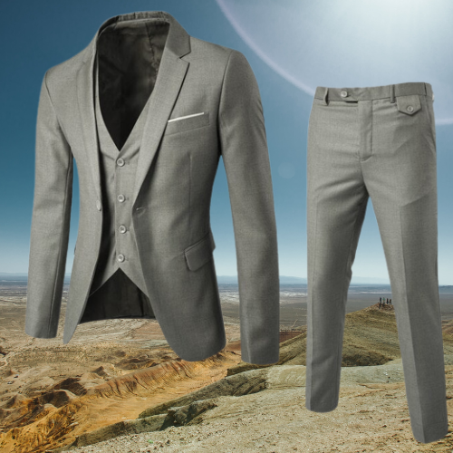 Grauer Anzug für Herren, bestehend aus Sakko, Weste und Hose, ideal für Business und formelle Anlässe. Hochwertige Herrenmode, elegantes Design.