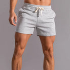 Graue Herren-Shorts aus 100% Baumwolle, ideal für Sommermode. Bequemer Schnitt mit Seitentaschen und Kordelzug, perfekt für Freizeit und Sport.
