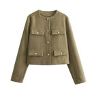 Damen Tweed Cropped Jacke, Herbst-Winter, Rundhals, langärmelig, stilvoll, elegant, ideal für kühle Tage, modisches Design, vielseitig kombinierbar.