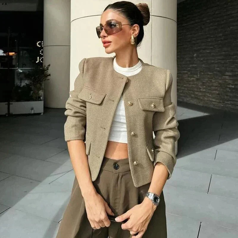 Damen Tweed Cropped Jacke, Herbst-Winter, rundhals, langärmelig, stilvoll, ideal für modische Outfits, vielseitig kombinierbar.
