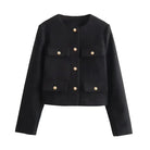 Schwarze Damenjacke, Herbst-Winter, Tweed, rundhals, langärmelig, modisch, elegant, kurze Jacke, ideal für stilvolle Outfits.