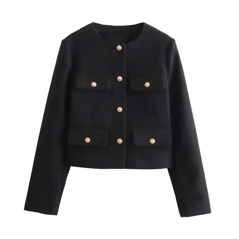 Schwarze Damenjacke, Herbst-Winter, Tweed, rundhals, langärmelig, modisch, elegant, kurze Jacke, ideal für stilvolle Outfits.