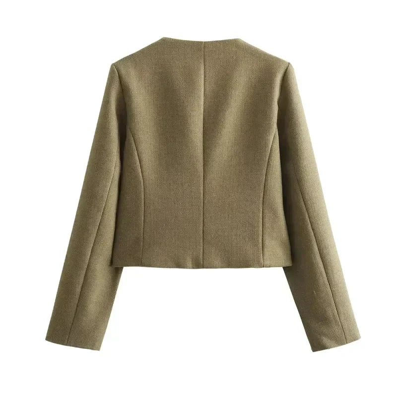Damen Tweed Cropped Jacke, Herbst/Winter, runder Ausschnitt, langärmelig, stilvoll, warm, ideal für modische Outfits und kühle Tage.