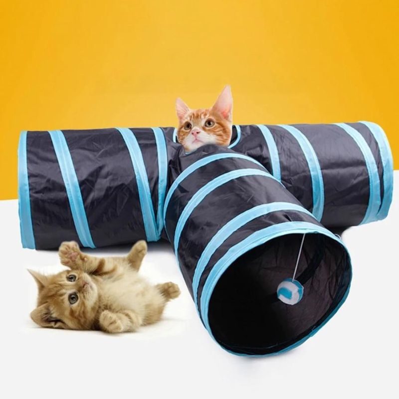 Katzentunnel aus Stoff, schwarz-blau, mit spielenden Katzen, ideal für Haustierunterhaltung.
