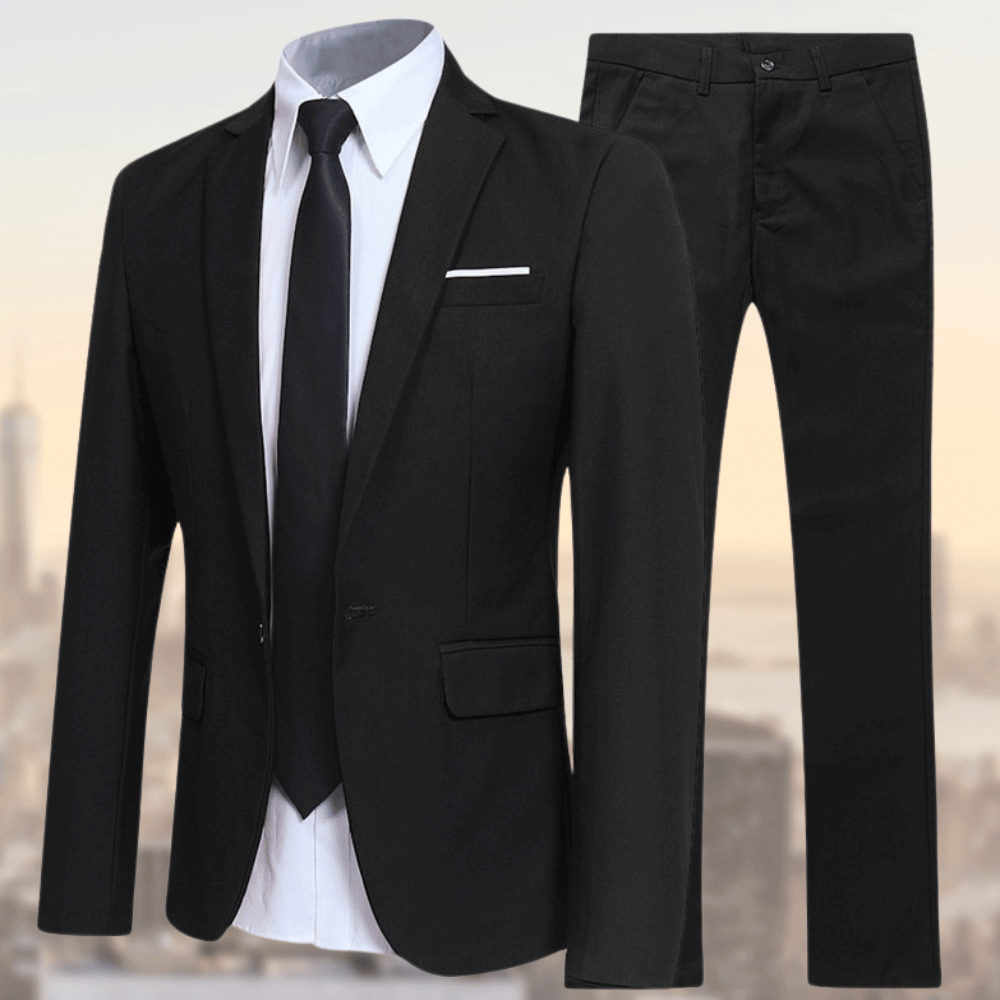 Eleganter schwarzer Herrenanzug mit Krawatte, ideal für Business und formelle Anlässe. Hochwertige Verarbeitung, klassisches Design, zeitloser Stil.