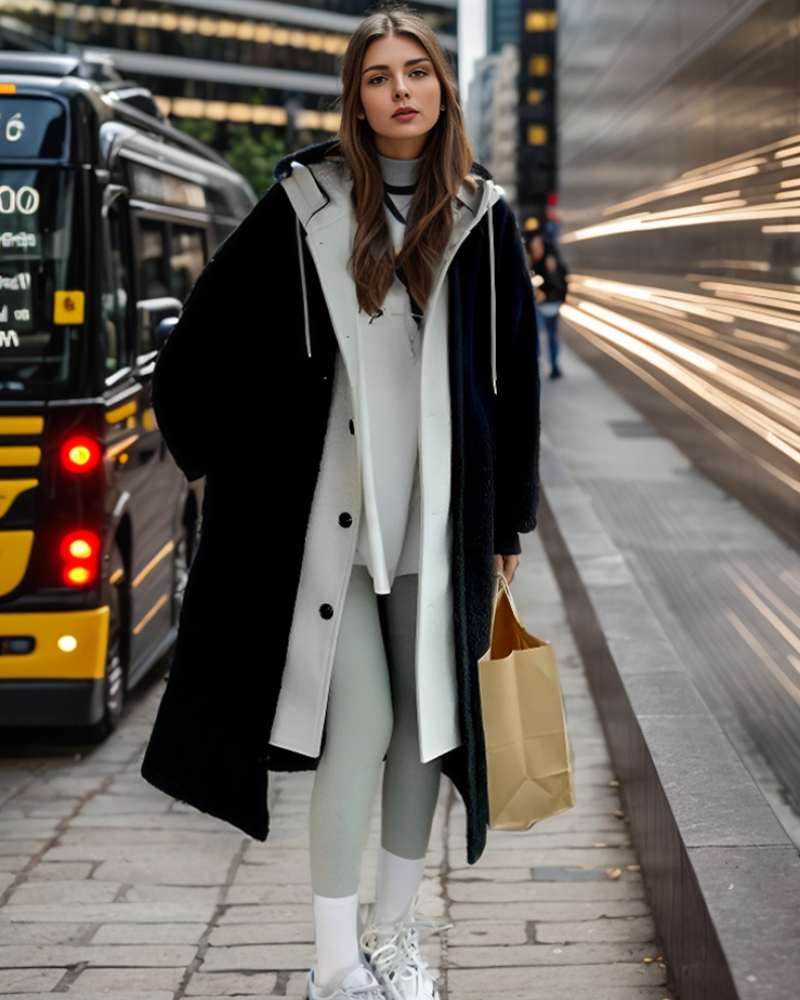 Frau in modischem Wintermantel, grauer Leggings und weißen Sneakers, hält Papiertüte. Urbaner Hintergrund, Straßenmode, trendige Outfits.