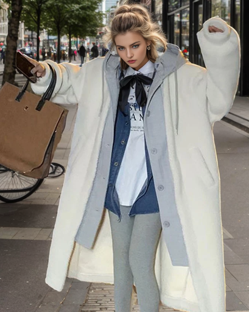 Frau in weißem Oversize-Mantel, grauem Hoodie und Leggings, hält braune Tasche. Streetstyle, Herbstmode, urbaner Look, trendige Damenbekleidung.
