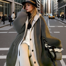 Elegante Frau in grauem Mantel und Hut auf belebter Stadtstraße. Modetrend, Wintermode, urbane Eleganz, stilvolle Damenbekleidung.