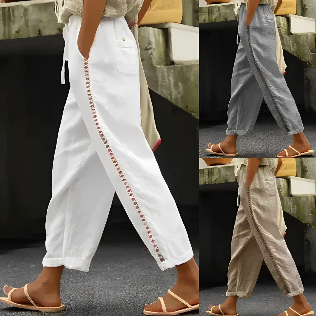 Damenhose mit seitlichem Häkelmuster, erhältlich in Weiß, Grau und Beige. Bequeme Sommerhose, ideal für Freizeit und Strand.