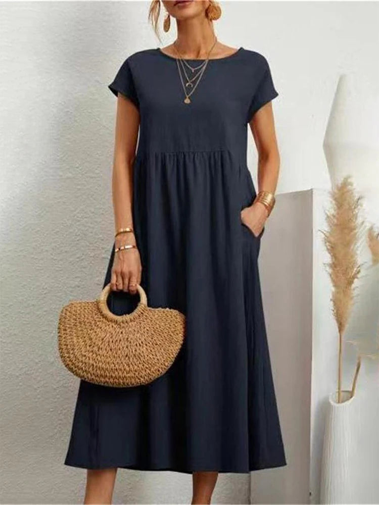 Vintage Effen Midi-Jurk, casual, korte mouwen, katoen-linnen, Harajuku-stijl, oversized, zomerjurk voor dames.