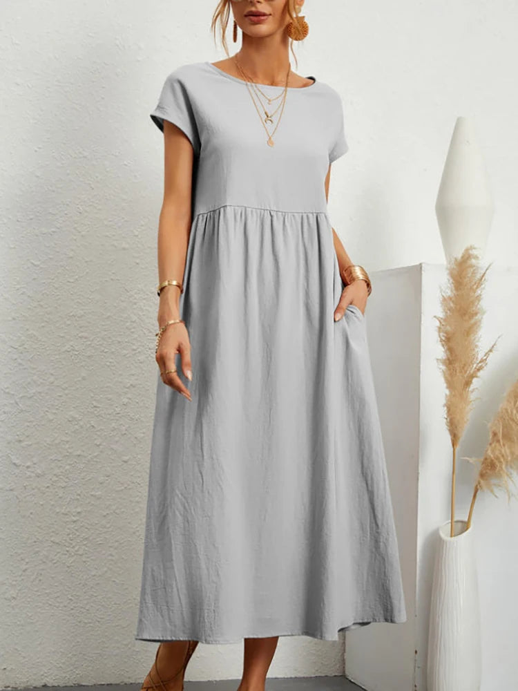 Graue Vintage-Midi-Kleid aus Baumwolle und Leinen, kurzärmelig, oversized, ideal für Sommermode. Perfekt für lässige Harajuku-Stile.
