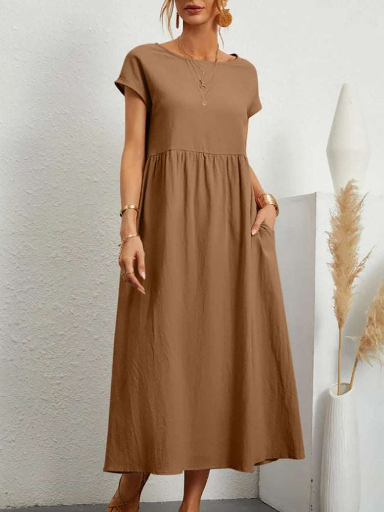Braunes, ärmelloses Midi-Kleid aus Baumwolle und Leinen, ideal für den Sommer. Harajuku-Stil, oversized, lässig, perfekt für Damenmode.