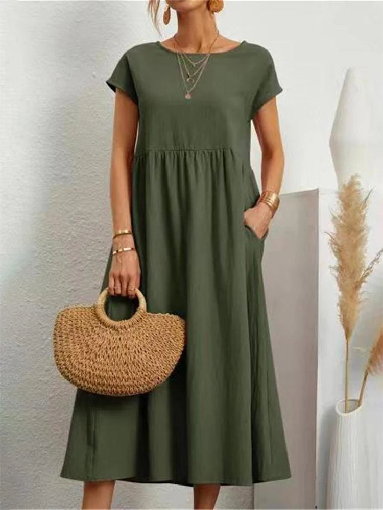 Grüne Vintage-Midi-Kleid aus Baumwolle und Leinen, kurzärmelig, oversized, ideal für Sommer, lässiger Harajuku-Stil, Damenmode.