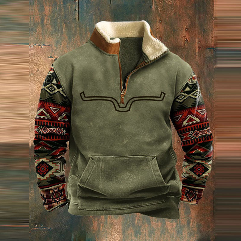 Vintage-Grafik-Print-Patchwork-Sweatshirt für Herren, lässige Kapuzenjacke mit langen Ärmeln, Herbstmode, Reißverschluss, Boho-Stil.